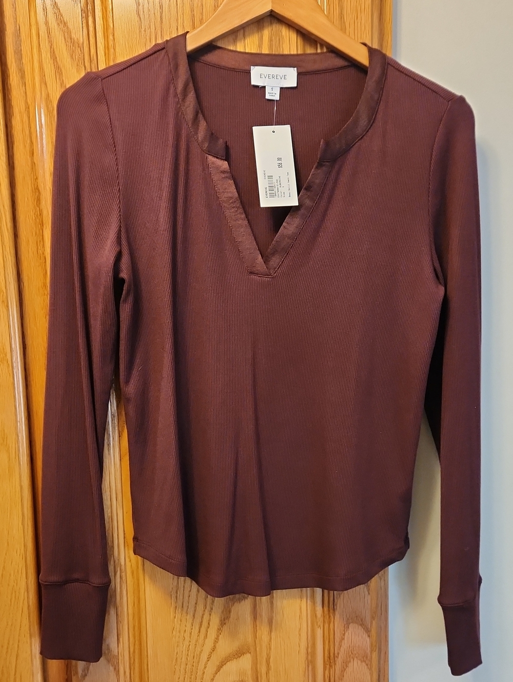 Evereve Long-Sleeve Notch Neck Top in Aubergine